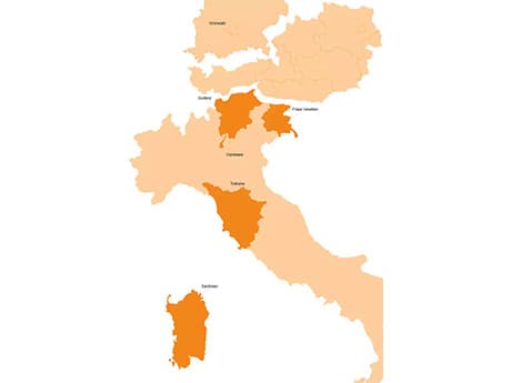 Overview map of the sales regions: Bavaria, Tyrol, South Tyrol, Tuscany and Sardinia